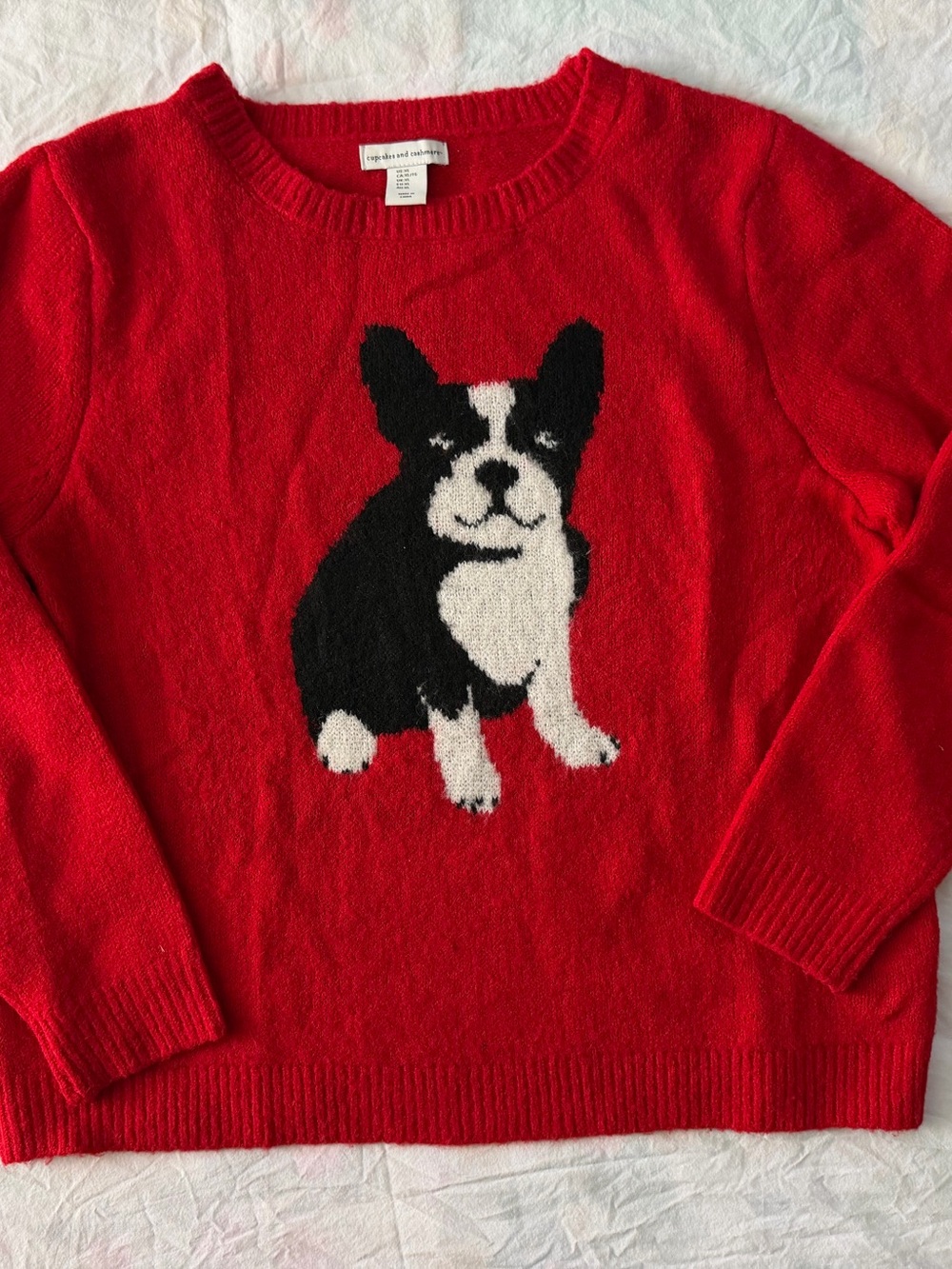 cupcakes & cashmere Red Crewneck Sweater with Black & White Dog Motif